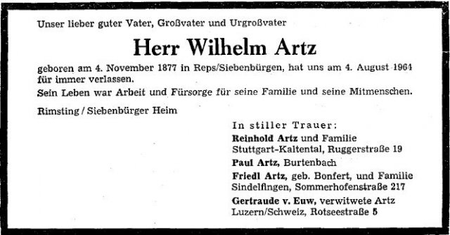 Artz Wilhelm 1877-1964 Todesanzeige